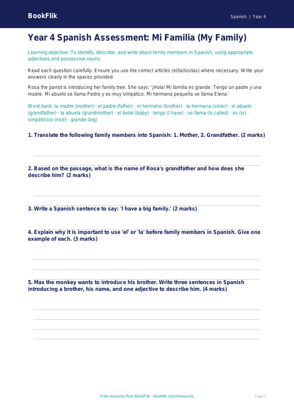 Free Family Assessment | Year 4 Greater Depth | BookFlik worksheet preview — Spanish Family
