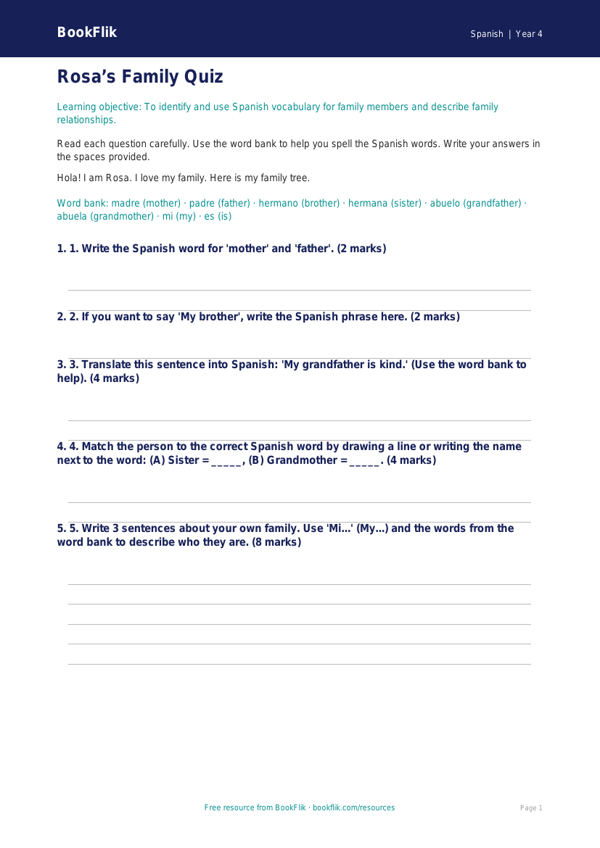 Free Family Assessment | Year 4 Supported | BookFlik worksheet preview — Spanish Family