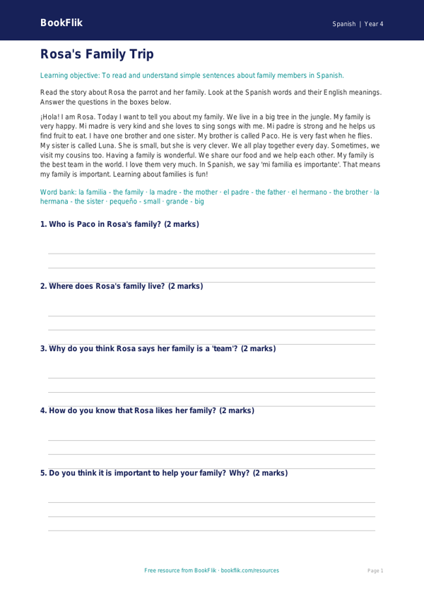 Free Family Comprehension Worksheet | Year 4 Supported | BookFlik worksheet preview — Spanish Family