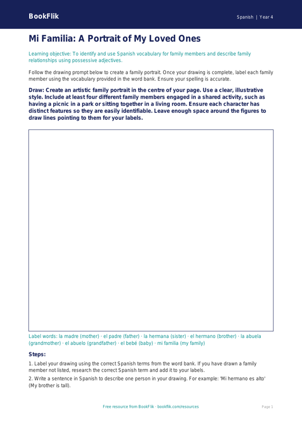 Free Family Drawing Sheet | Year 4 Greater Depth | BookFlik worksheet preview — Spanish Family