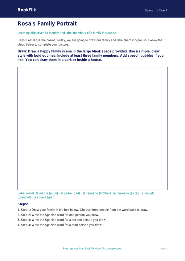 Free Family Drawing Sheet | Year 4 Supported | BookFlik worksheet preview — Spanish Family