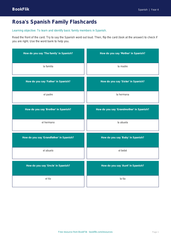 Free Family Flashcards | Year 4 Supported | BookFlik worksheet preview — Spanish Family