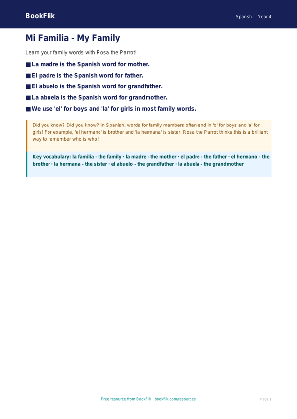 Free Family Poster | Year 4 Supported | BookFlik worksheet preview — Spanish Family