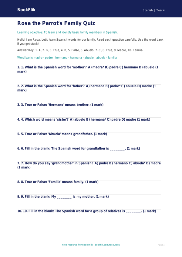Free Family Quiz | Year 4 Supported | BookFlik worksheet preview — Spanish Family