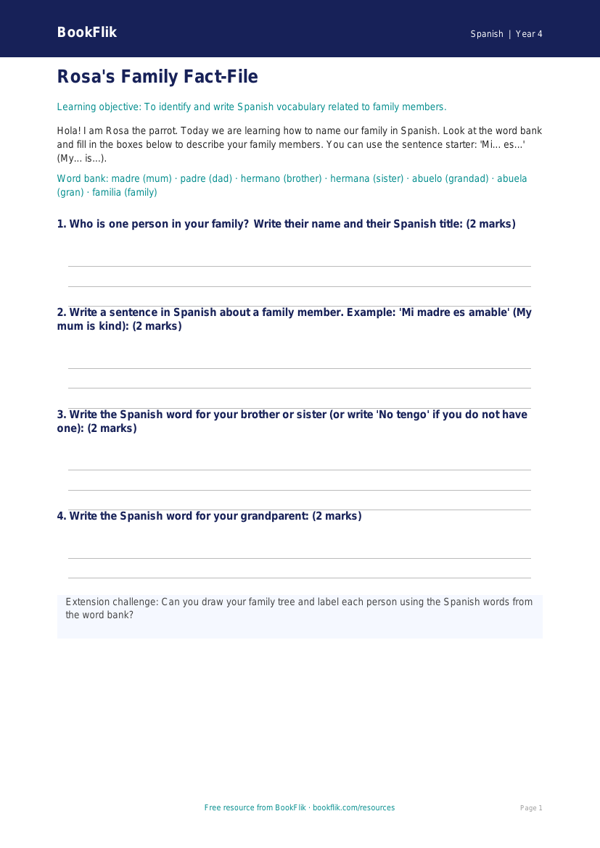 Free Family Template | Year 4 Supported | BookFlik worksheet preview — Spanish Family