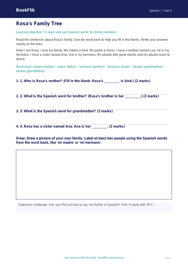 Free Family Track Sheet | Year 4 Supported | BookFlik worksheet preview — Spanish Family