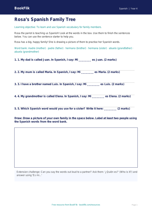 Free Family Worksheet | Year 4 Supported | BookFlik worksheet preview — Spanish Family