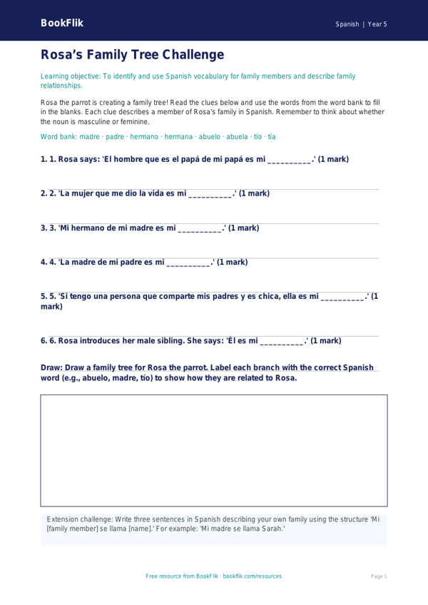 Free Family Activity Sheet | Year 5 Core | BookFlik worksheet preview — Spanish Family
