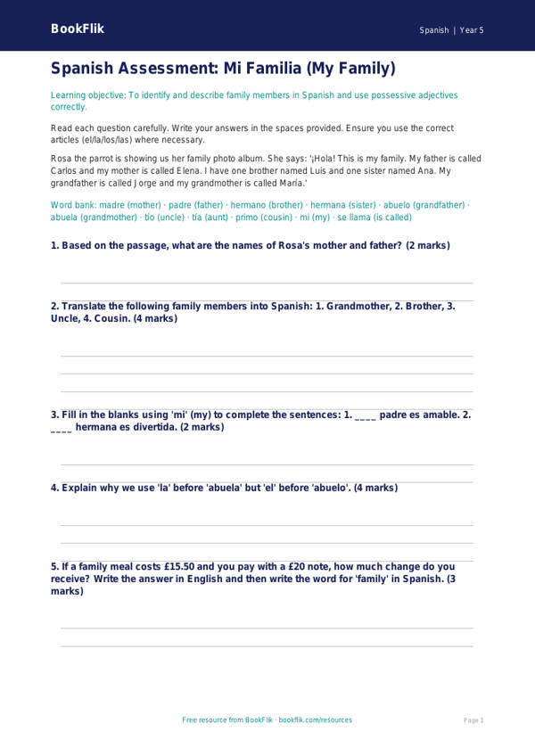 Free Family Assessment | Year 5 Core | BookFlik worksheet preview — Spanish Family