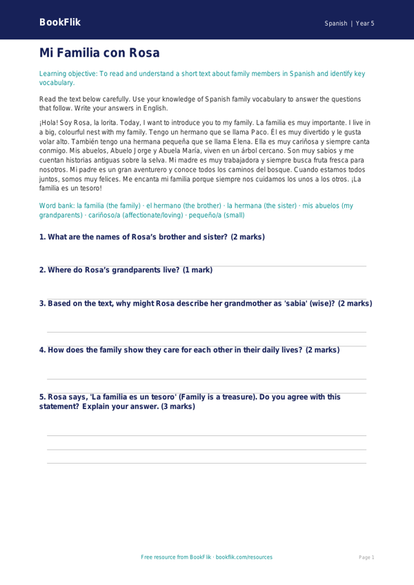 Free Family Comprehension | Year 5 Core | BookFlik worksheet preview — Spanish Family