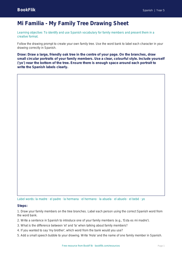 Free Family Drawing Sheet | Year 5 Core | BookFlik worksheet preview — Spanish Family
