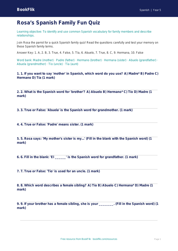 Free Family Quiz | Year 5 Core | BookFlik worksheet preview — Spanish Family