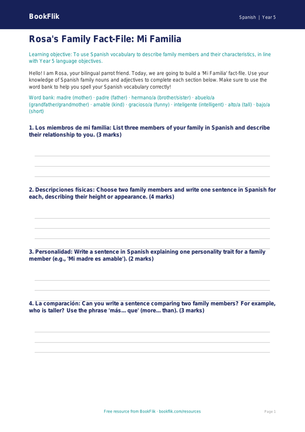 Free Family Tree Worksheet | Year 5 Core Curriculum | BookFlik worksheet preview — Spanish Family