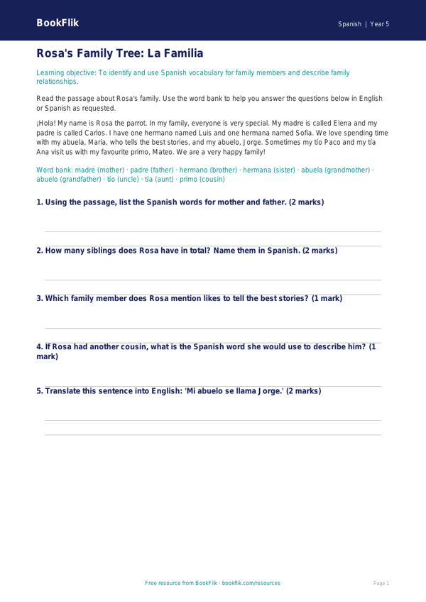 Free Family Track Sheet | Year 5 Core | BookFlik worksheet preview — Spanish Family