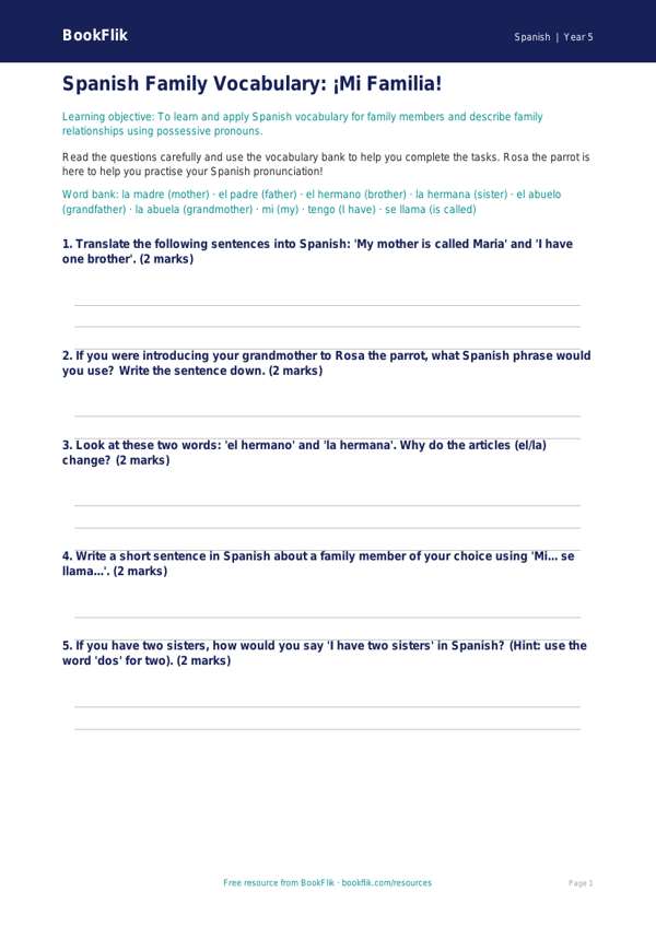 Free Family Worksheet | Year 5 Core | BookFlik worksheet preview — Spanish Family