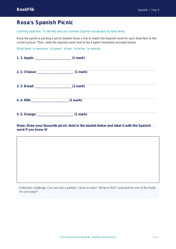 Free Food Activity Sheet | Year 4 Supported | BookFlik worksheet preview — Spanish Food