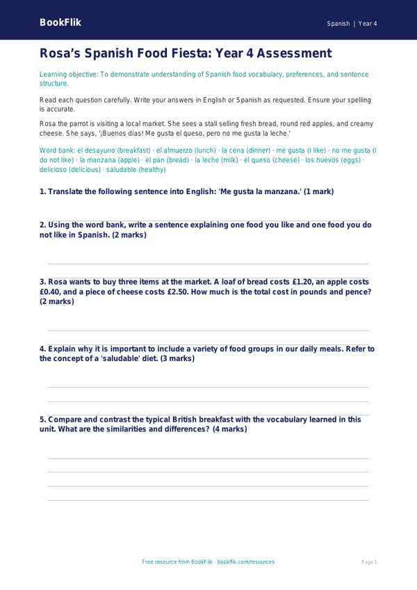 Free Food Assessment | Year 4 Greater Depth | BookFlik worksheet preview — Spanish Food