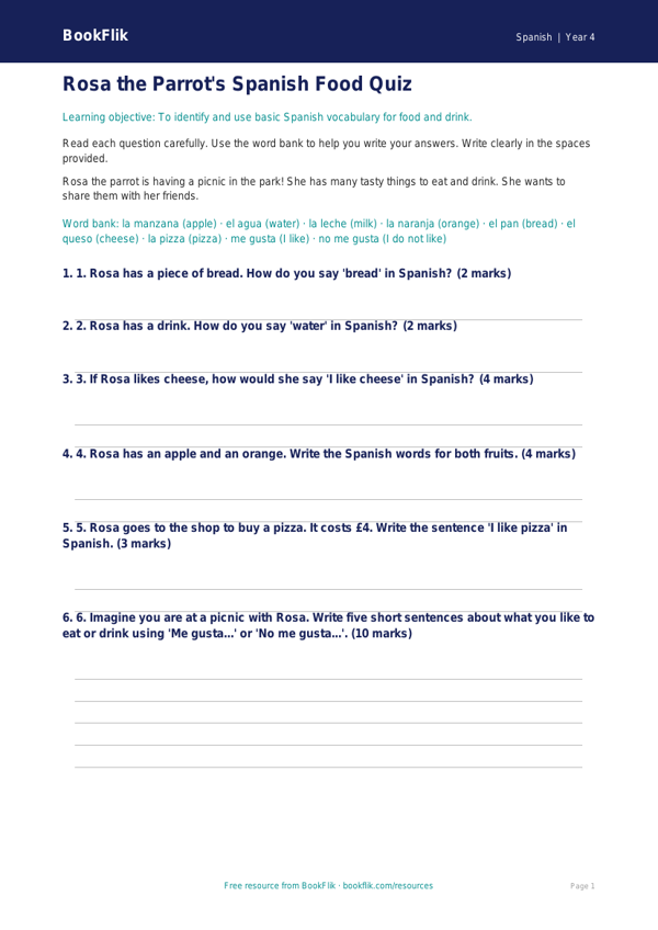 Free Food Assessment | Year 4 Supported | BookFlik worksheet preview — Spanish Food