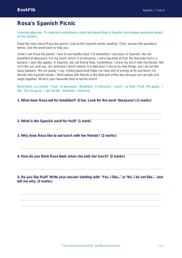 Free Food Comprehension | Year 4 Supported | BookFlik worksheet preview — Spanish Food