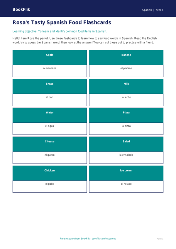 Free Food Flashcards | Year 4 Supported | BookFlik worksheet preview — Spanish Food