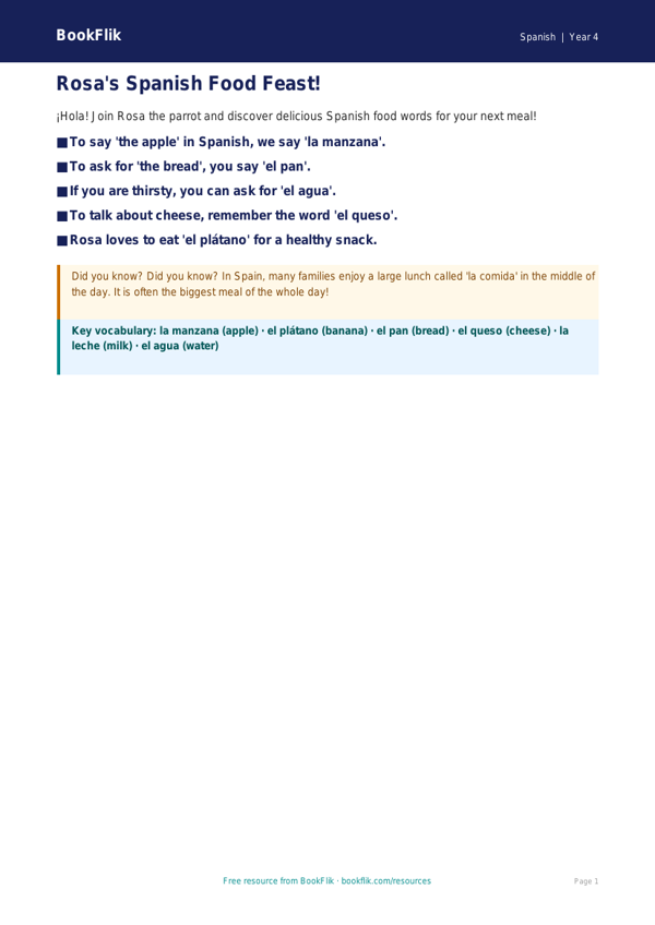 Free Food Poster | Year 4 Supported | BookFlik worksheet preview — Spanish Food