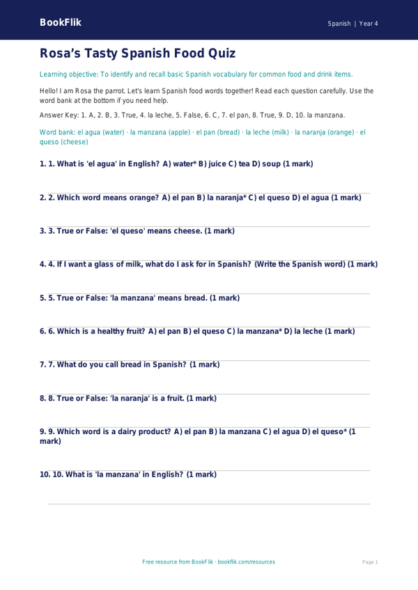 Free Food Quiz | Year 4 Supported | BookFlik worksheet preview — Spanish Food