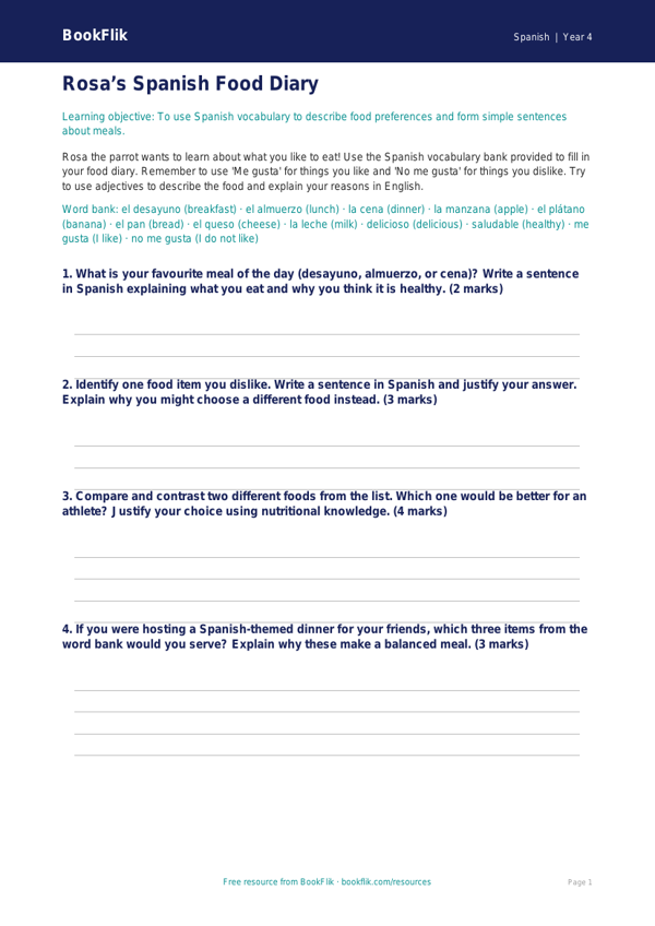 Free Food Template | Year 4 Greater Depth | BookFlik worksheet preview — Spanish Food