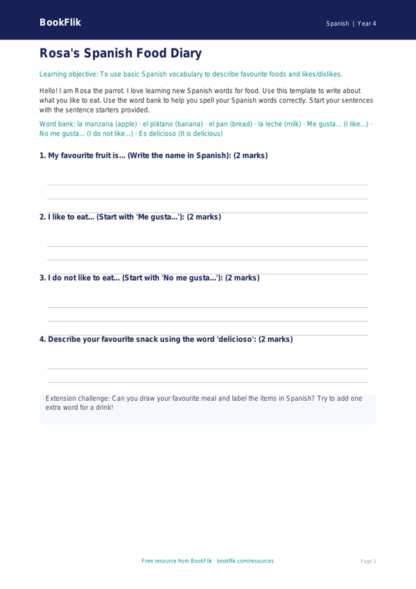 Free Food Template | Year 4 Supported | BookFlik worksheet preview — Spanish Food
