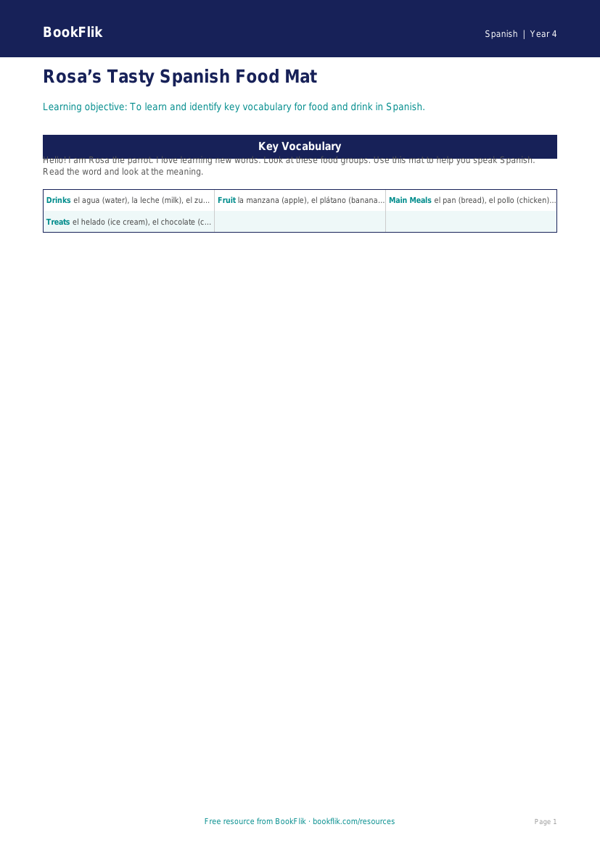 Free Food Word Mat | Year 4 Supported | BookFlik worksheet preview — Spanish Food