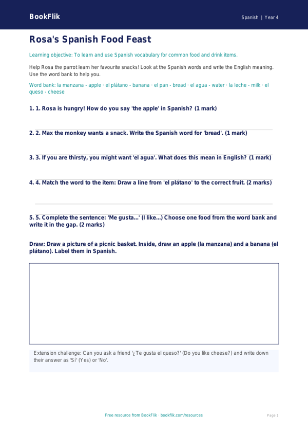 Free Food Worksheet | Year 4 Supported | BookFlik worksheet preview — Spanish Food