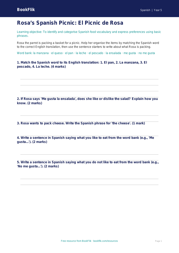 Free Food Activity Sheet | Year 5 Core | BookFlik worksheet preview — Spanish Food