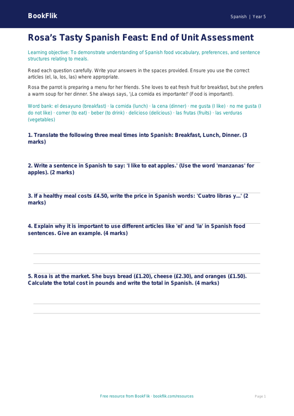 Free Food Assessment | Year 5 Core | BookFlik worksheet preview — Spanish Food