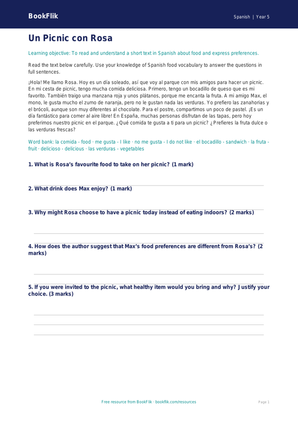 Free Food Comprehension | Year 5 Core | BookFlik worksheet preview — Spanish Food