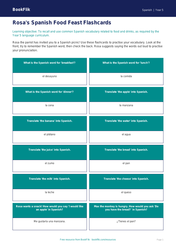 Free Food Flashcards | Year 5 Core | BookFlik worksheet preview — Spanish Food