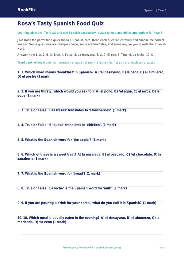 Free Food Quiz | Year 5 Core | BookFlik worksheet preview — Spanish Food