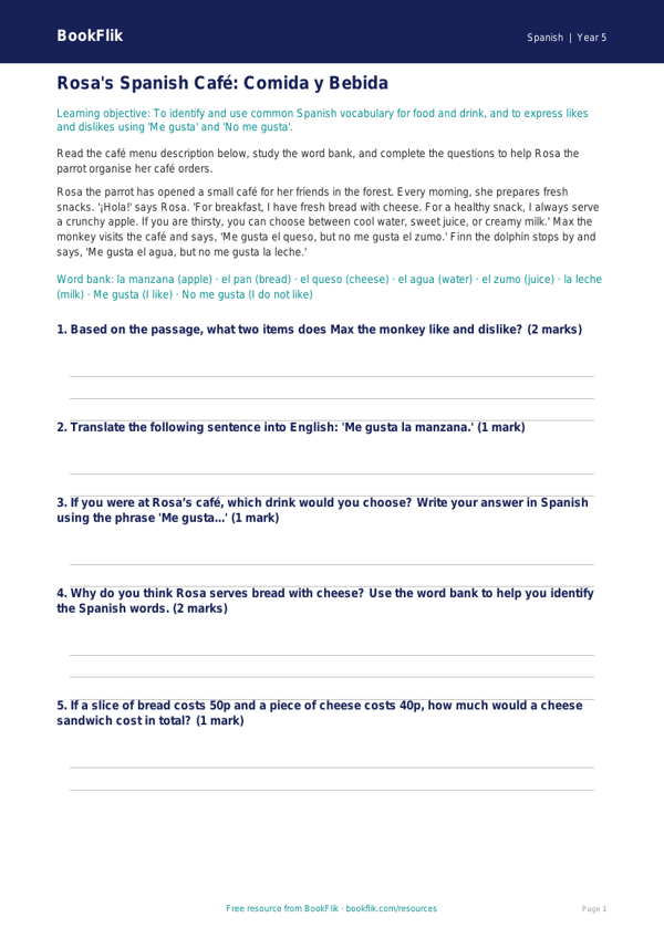 Free Food Track Sheet | Year 5 Core | BookFlik worksheet preview — Spanish Food
