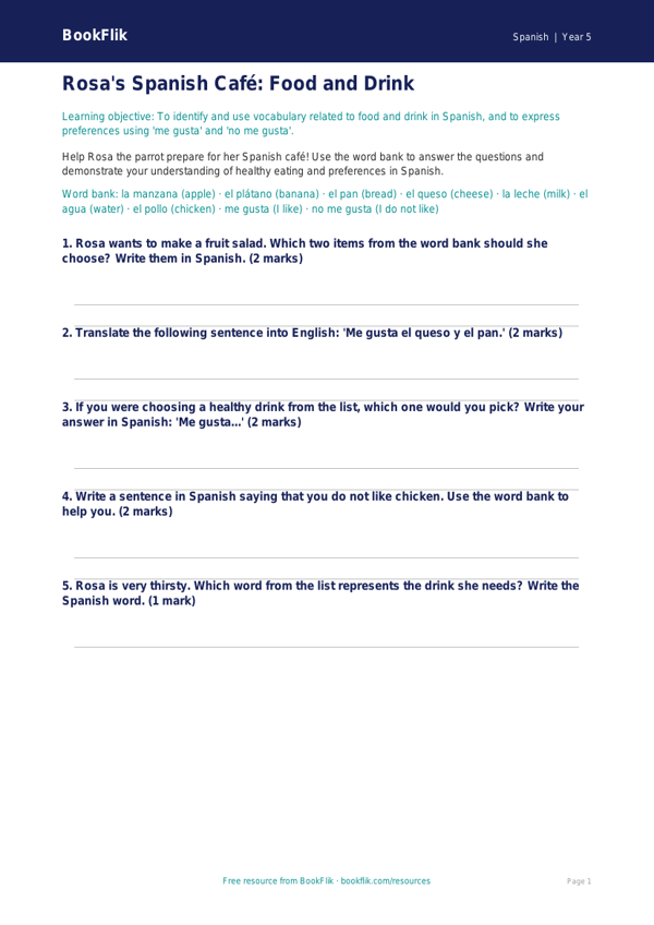Free Food Worksheet | Year 5 Core | BookFlik worksheet preview — Spanish Food