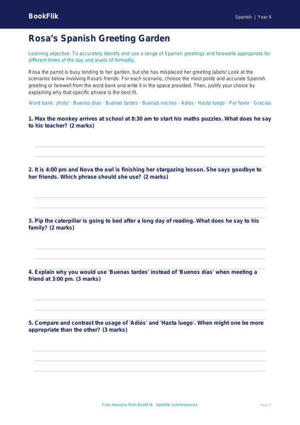 Free Greetings Activity Sheet | Year 4 Greater Depth | BookFlik worksheet preview — Spanish Greetings