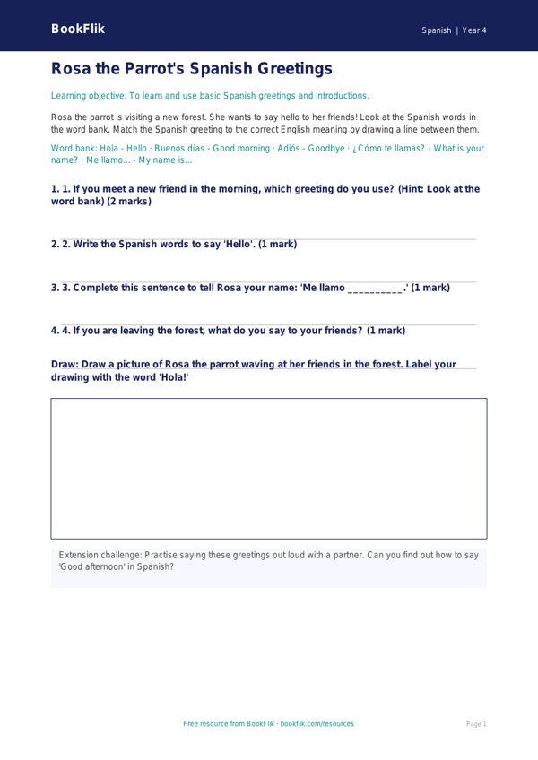 Free Greetings Activity Sheet | Year 4 Supported | BookFlik worksheet preview — Spanish Greetings