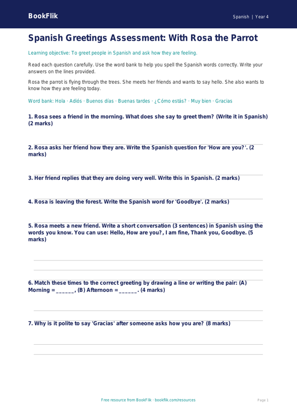 Free Greetings Assessment | Year 4 Supported | BookFlik worksheet preview — Spanish Greetings