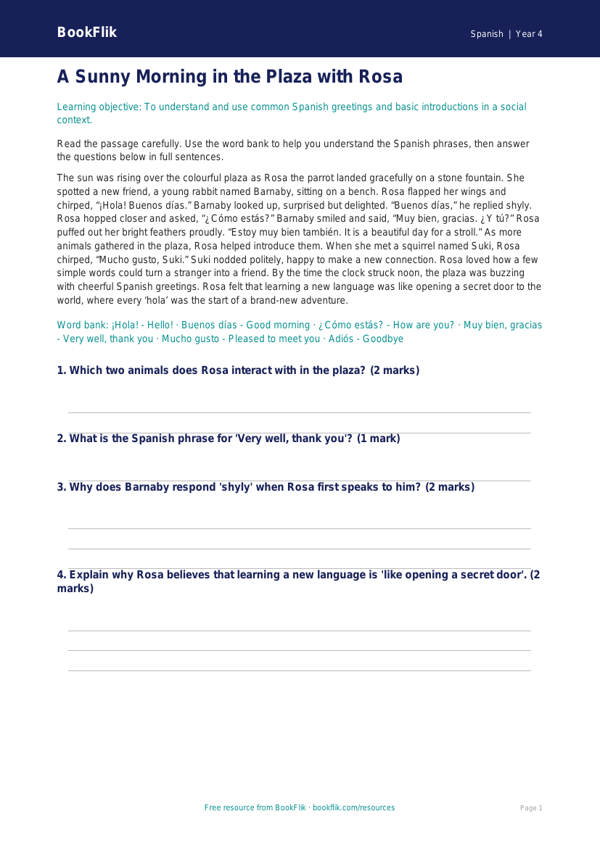 Free Greetings Comprehension | Year 4 Greater Depth | BookFlik worksheet preview — Spanish Greetings