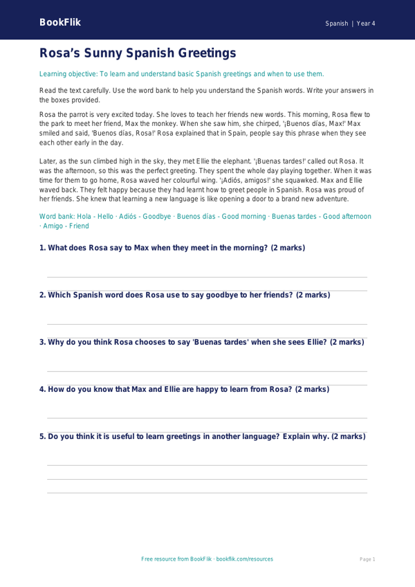 Free Greetings Comprehension | Year 4 Supported | BookFlik worksheet preview — Spanish Greetings