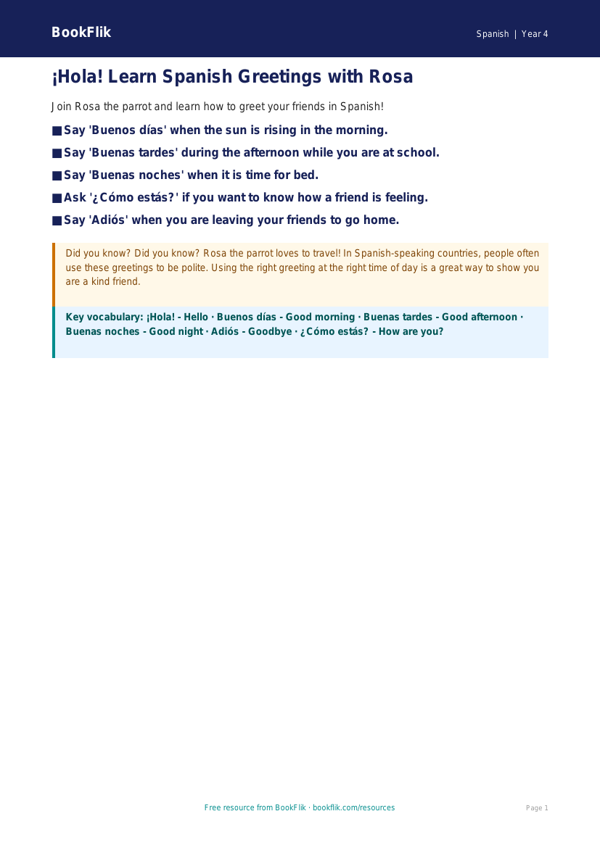 Free Greetings Poster | Year 4 Supported | BookFlik worksheet preview — Spanish Greetings
