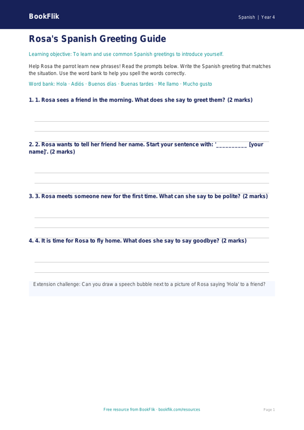 Free Greetings Template | Year 4 Supported | BookFlik worksheet preview — Spanish Greetings