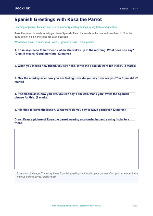 Free Greetings Worksheet | Year 4 Supported | BookFlik worksheet preview — Spanish Greetings