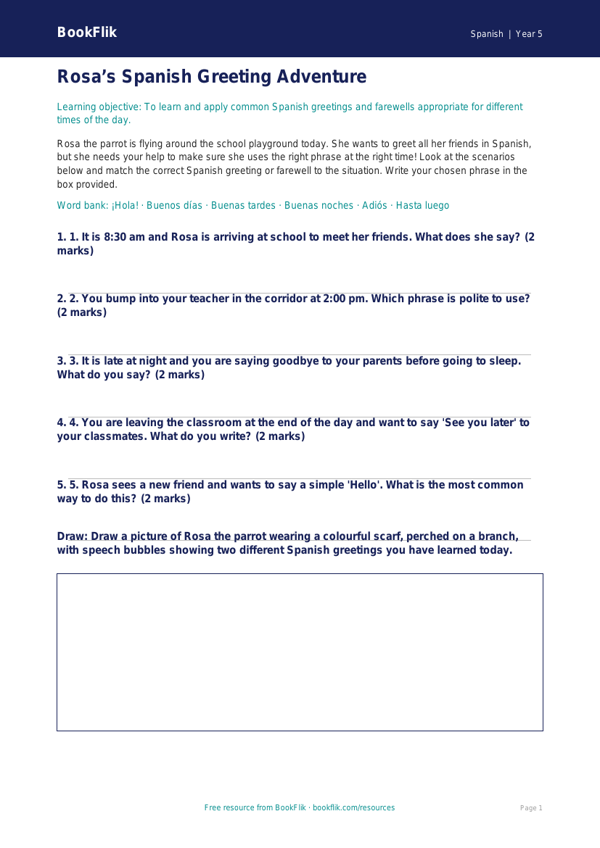 Free Greetings Activity Sheet | Year 5 Core | BookFlik worksheet preview — Spanish Greetings