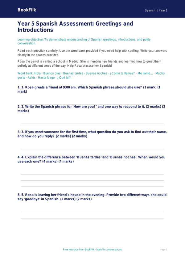 Free Greetings Assessment | Year 5 Core | BookFlik worksheet preview — Spanish Greetings