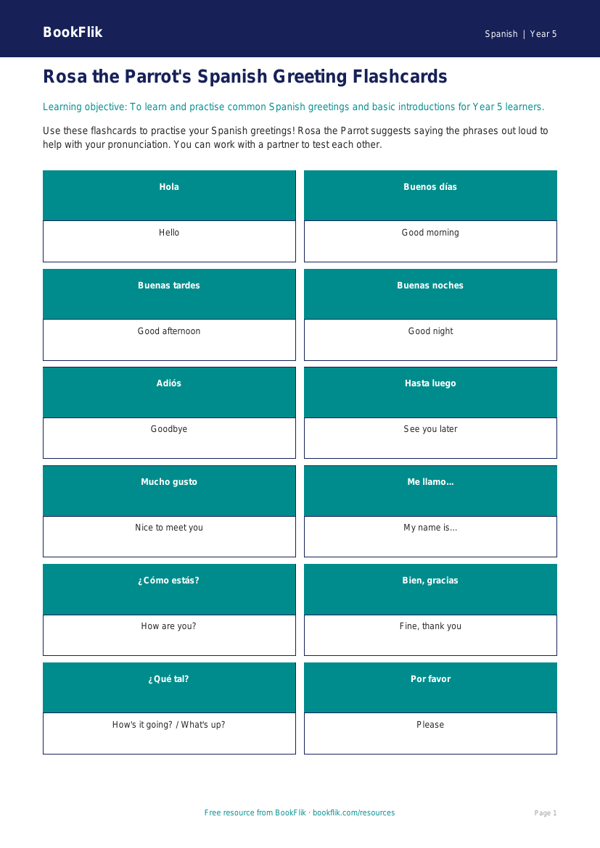 Free Greetings Flashcards | Year 5 Core | BookFlik worksheet preview — Spanish Greetings