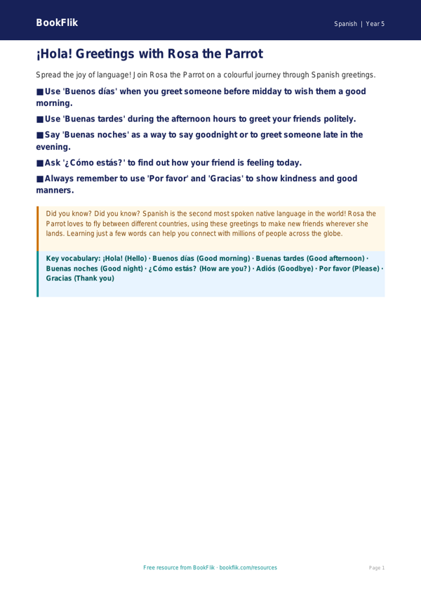 Free Greetings Poster | Year 5 Core | BookFlik worksheet preview — Spanish Greetings