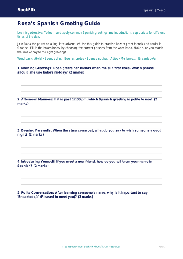 Free Greetings Template | Year 5 Core | BookFlik worksheet preview — Spanish Greetings